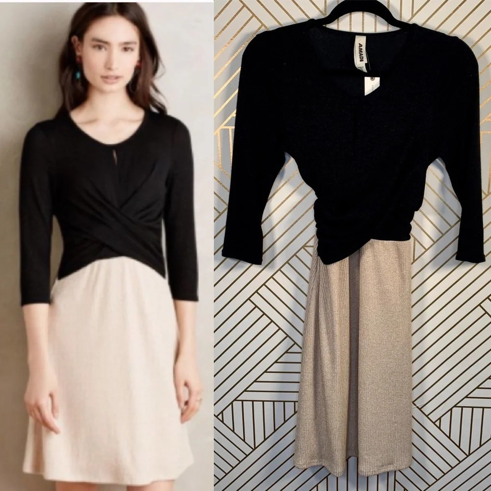 Anthropologie Amadi Dress 3/4 Sleeve Knit‎ Wrap Ribbed Tan Black Size Small